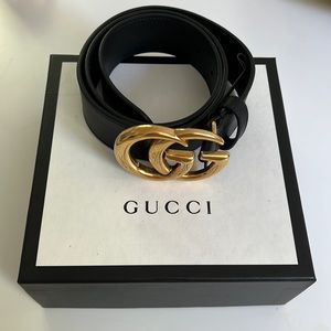AUTHENTIC Gucci Double G Leather Black Belt - Size 80 - 1.5” Wide